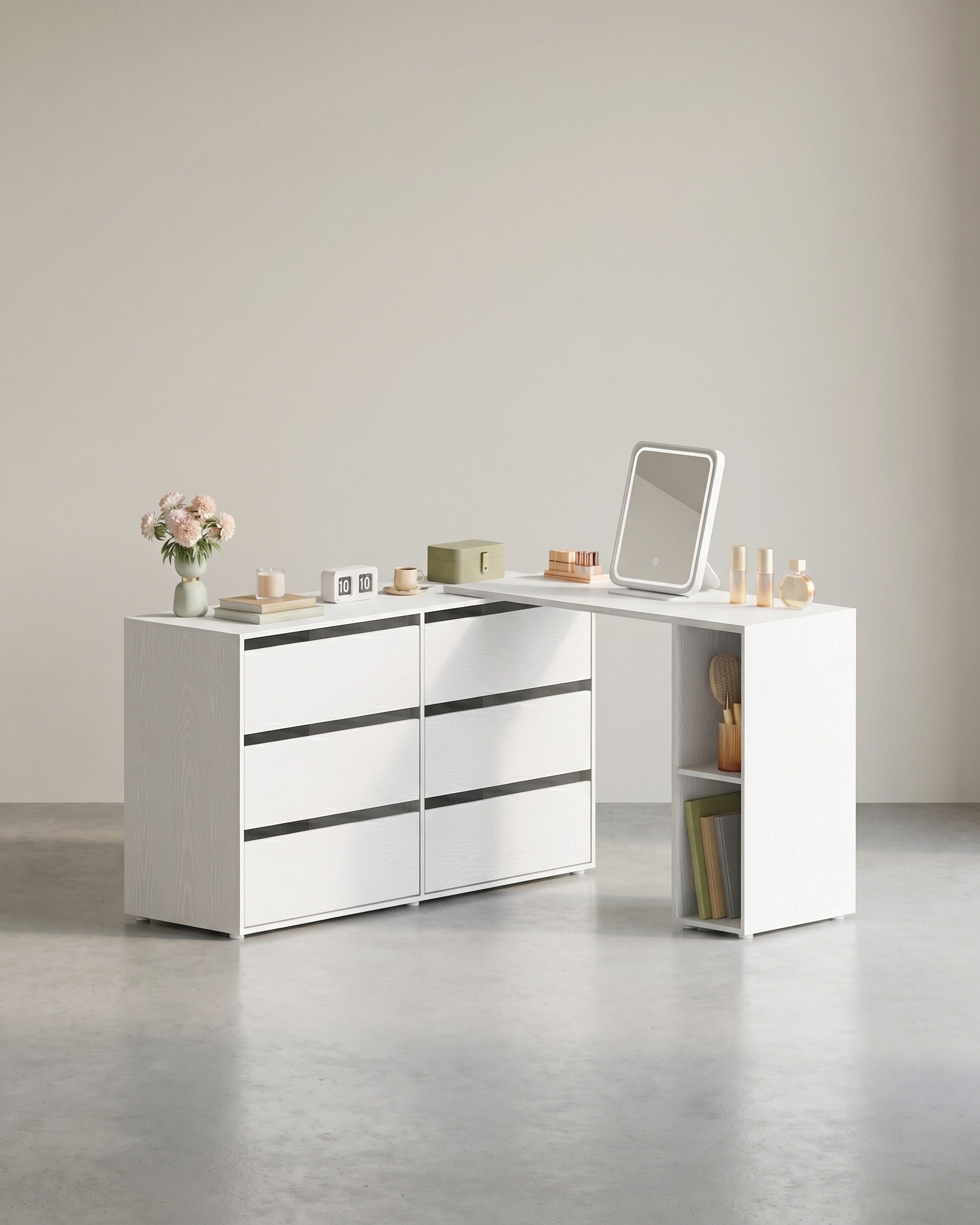 Schminktisch mit 6 Schubladen - Verstellbarer Schrank - L-Form