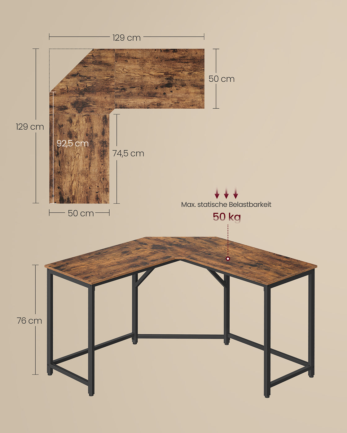 L-förmiger Schreibtisch – Eckschreibtisch mit Kabeldurchführung – 129 oder 149 cm – Geräumig und platzsparend – Bis zu 50 kg belastbar