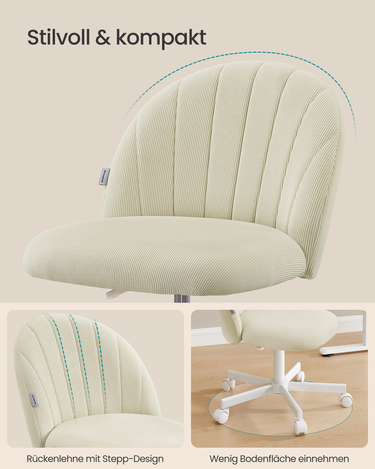 Drehstuhl – Kompaktes Design – Weicher Bezug – Höhenverstellbar – 360°-Rollen – Ergonomische Rückenlehne