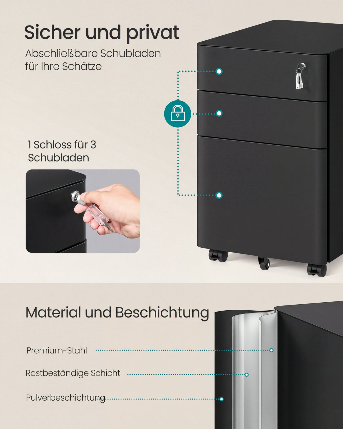 Aktenschrank mit 3 Schubladen - Schubladenelement - Schrank mit Rollen