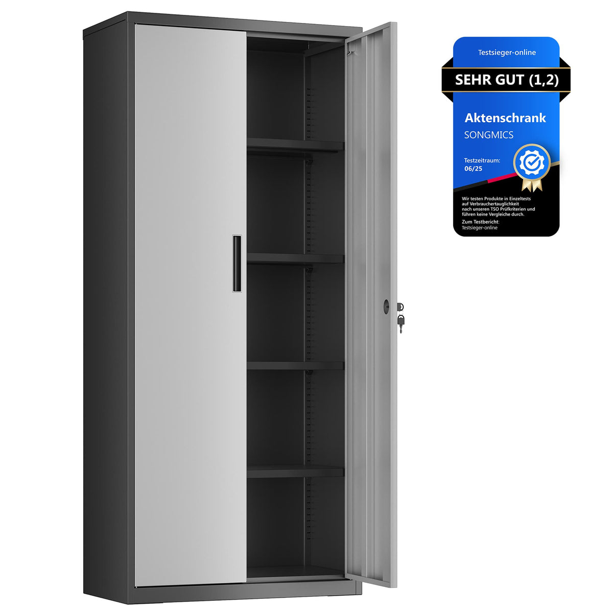 Aktenschrank aus Metall – 180 cm hoch – Schloss und Schlüssel – verstellbare Regalböden