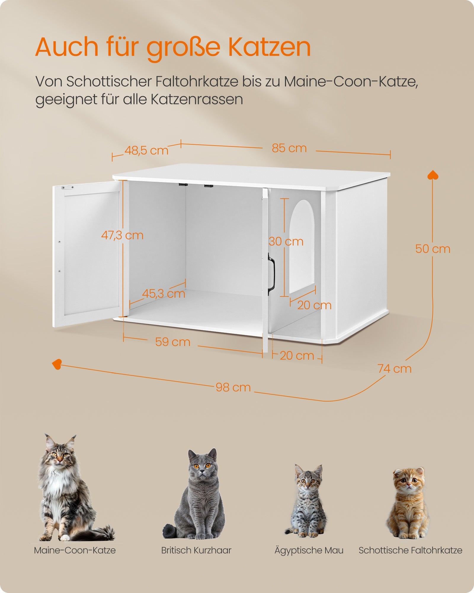 Katzentoilette – Modernes Design – Doppeltür – Griffe – 85 x 48,5 x 50 cm – Spanplatte