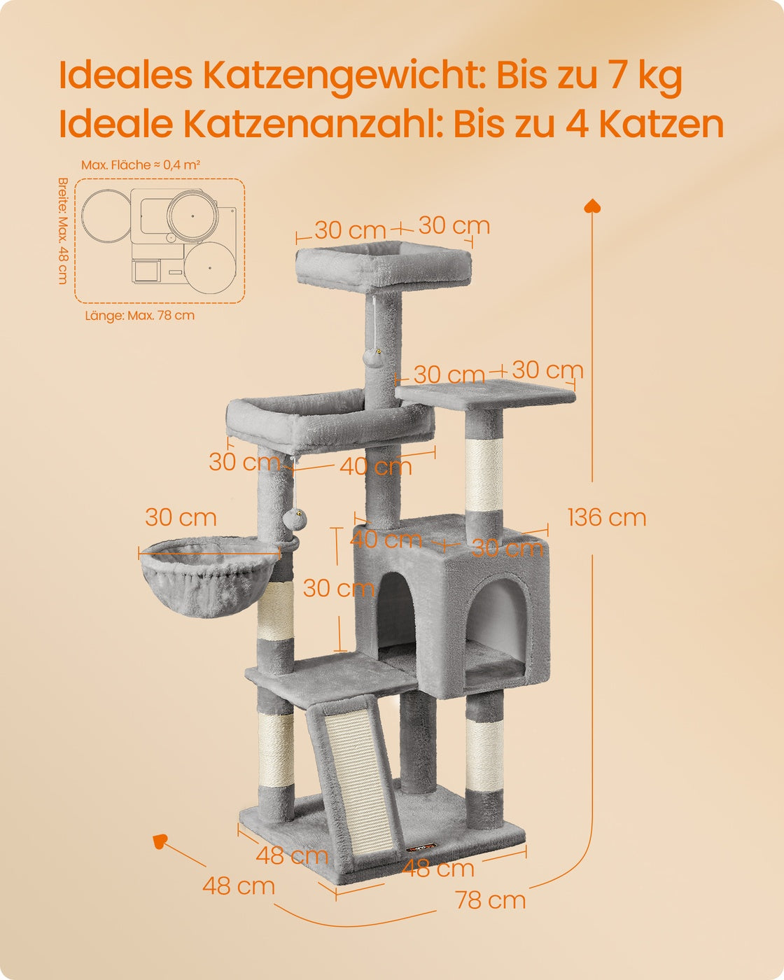 Kratzbaum 136 cm – 3 Plattformen + 4 Sisalstangen + Gemütliche Höhle – Katzenturm Für Mehrere Katzen