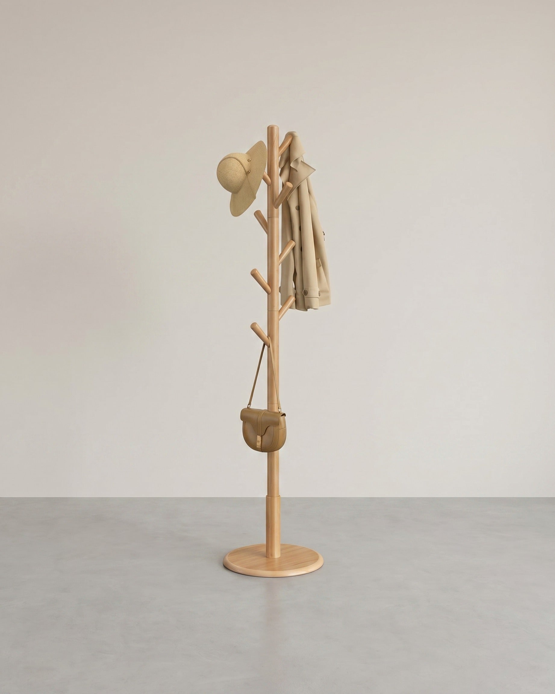 Garderobenständer – Massivholz – Freistehend – 3-fach höhenverstellbar – Runder Sockel – Tragkraft 40 kg – Beige