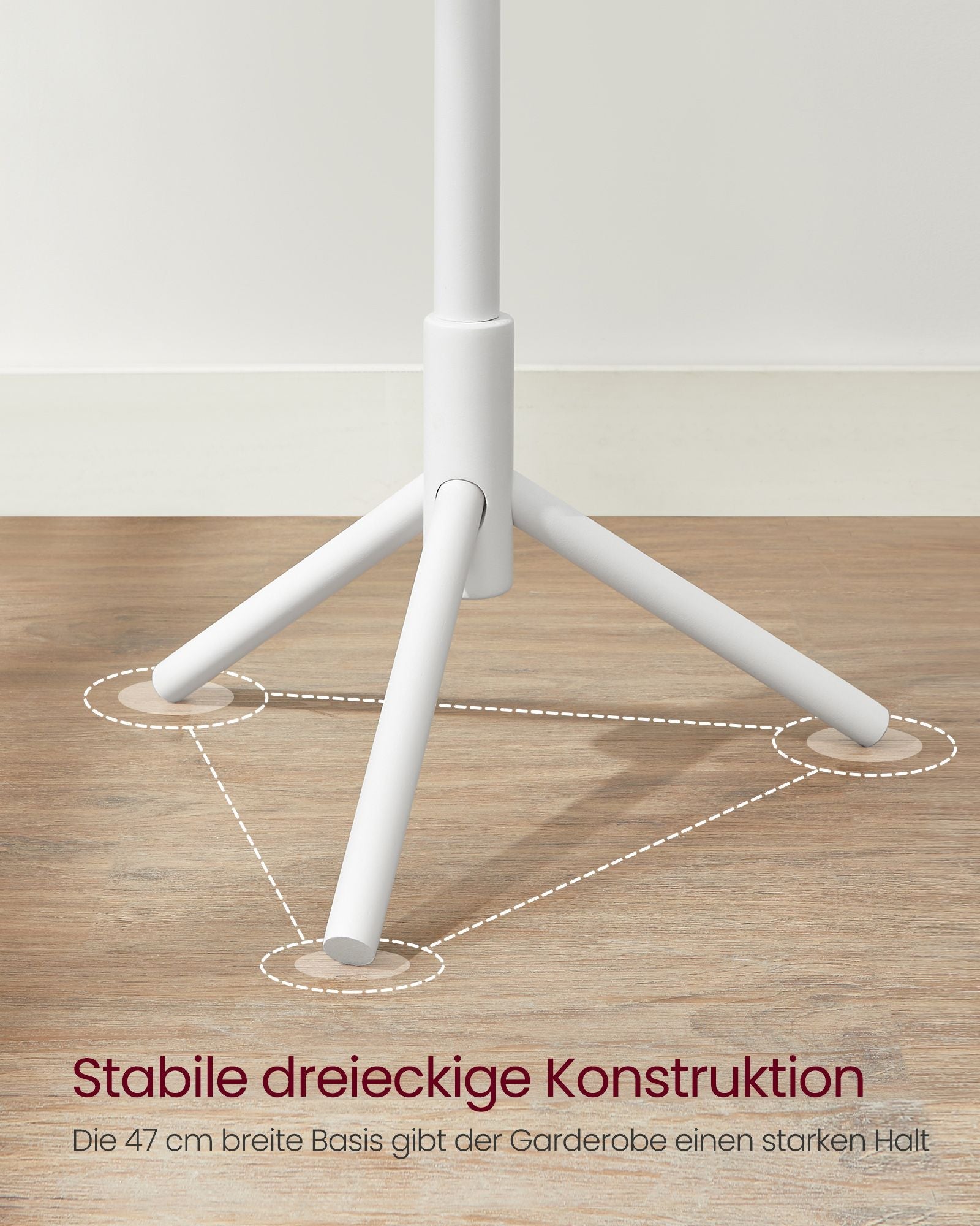 Freistehender Garderobenständer – Verstellbar – 8 Haken – Massivholz – 47 x 47 x 175 cm – Weiß