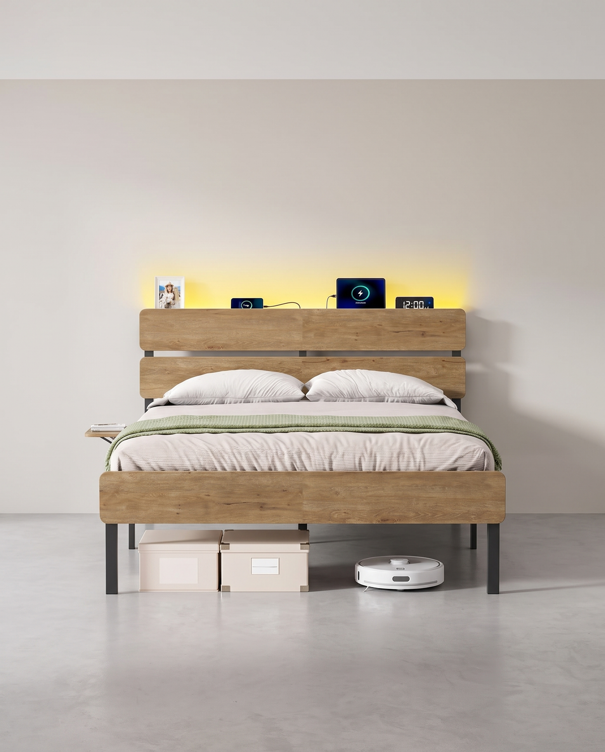 Metallbettgestell mit LED-Beleuchtung und Ladestation – Industriedesign – USB-A und USB-C – mit Stauraum unter dem Bett