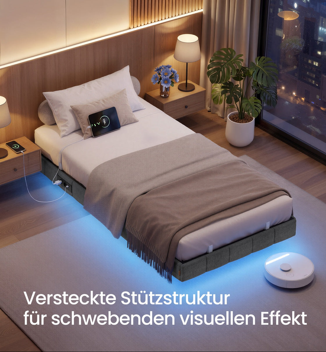 Schwebendes Bettgestell Mit LED-Beleuchtung - Mit Steckdose Und USB-C - Gepolsterter Rand