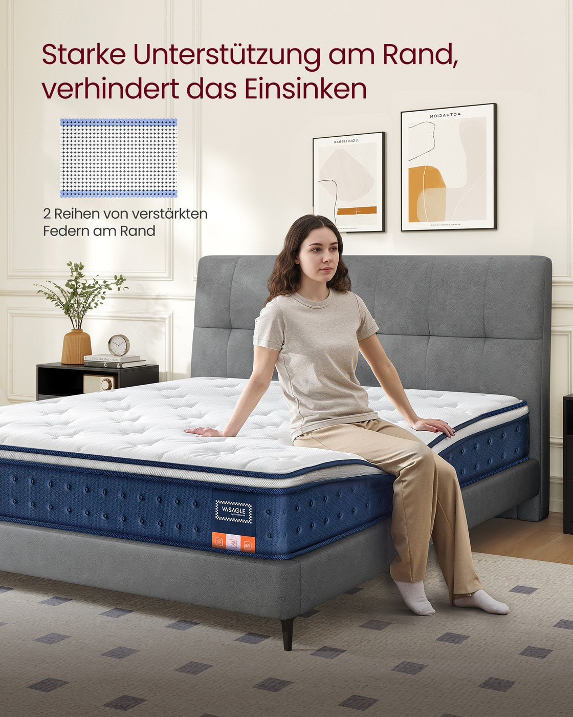 Hybridmatratze – Taschenfederkern mit Gel-Memory-Schaum – 7-lagige Unterstützung – Atmungsaktiv – Härtegrad H3 – Kühlung