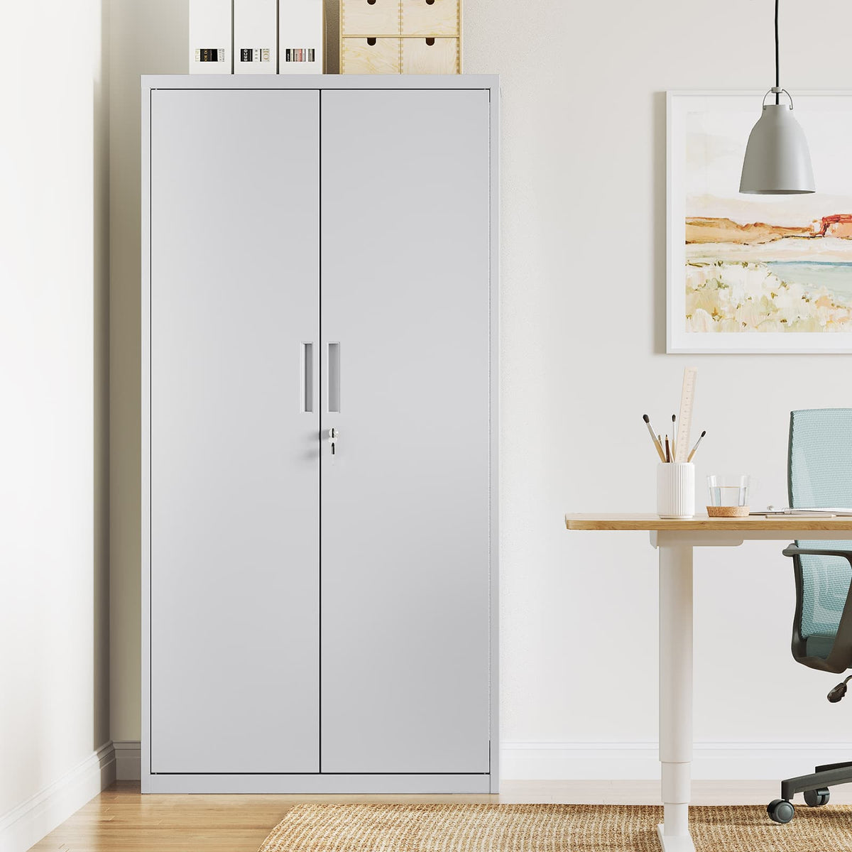 Aktenschrank aus Metall – 180 cm hoch – Schloss und Schlüssel – verstellbare Regalböden