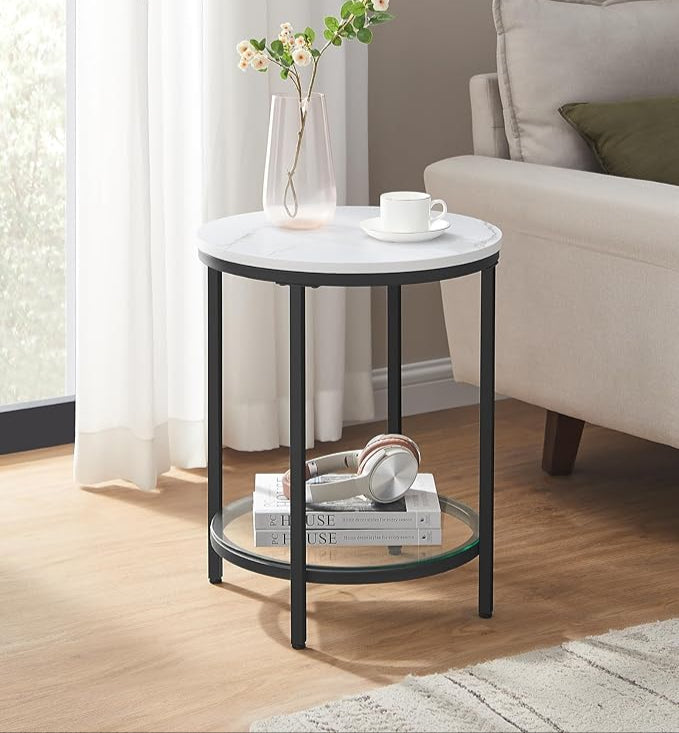 Beistelltisch Marmoroptik - Nachttisch mit 2 Ebenen - Gehärtetes Glas - Wohnzimmer - Schlafzimmer