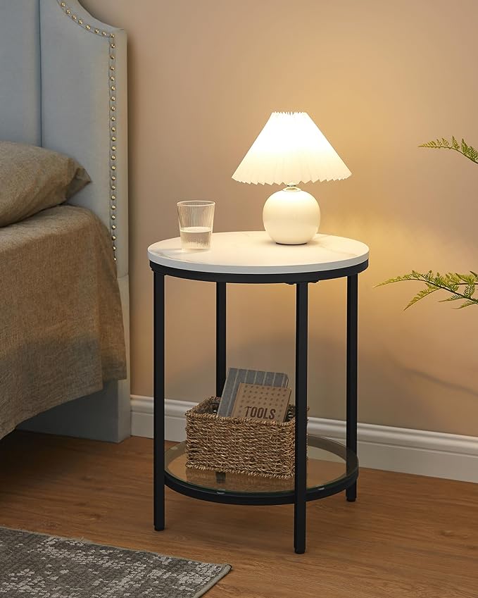 Beistelltisch Marmoroptik - Nachttisch mit 2 Ebenen - Gehärtetes Glas - Wohnzimmer - Schlafzimmer