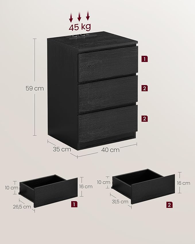 Beistelltisch mit Ladestation - Nachttisch mit USB-Anschluss - Schrank mit Steckdose