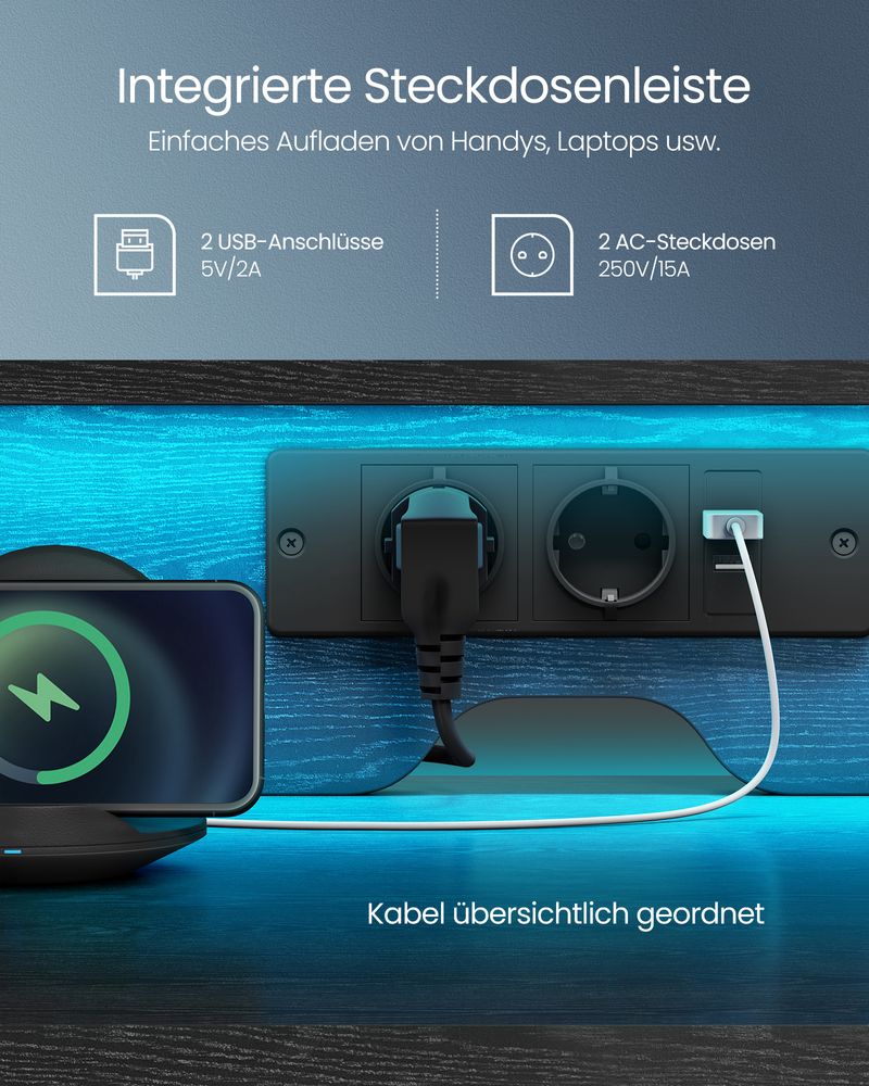 Schreibtisch mit LED-Beleuchtung - Computertisch mit USB und Steckdose