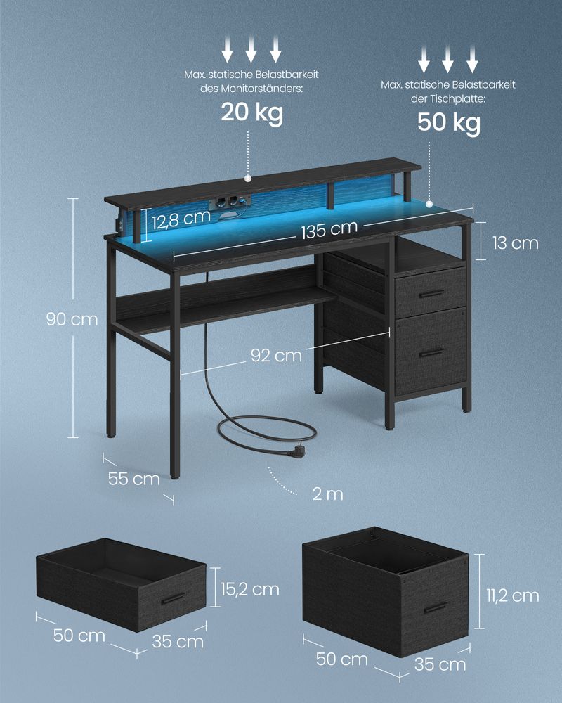 Schreibtisch mit LED-Beleuchtung - Computertisch mit USB und Steckdose