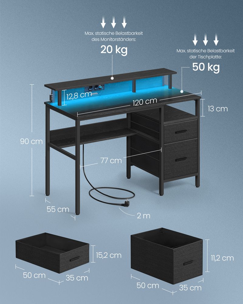 Schreibtisch mit LED-Beleuchtung - Computertisch mit USB und Steckdose