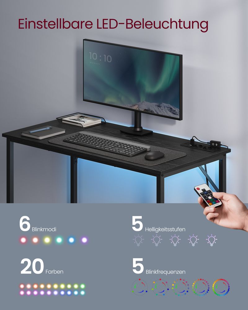 Kompakter Gaming- und Computertisch mit LED-Beleuchtung und Steckdosen