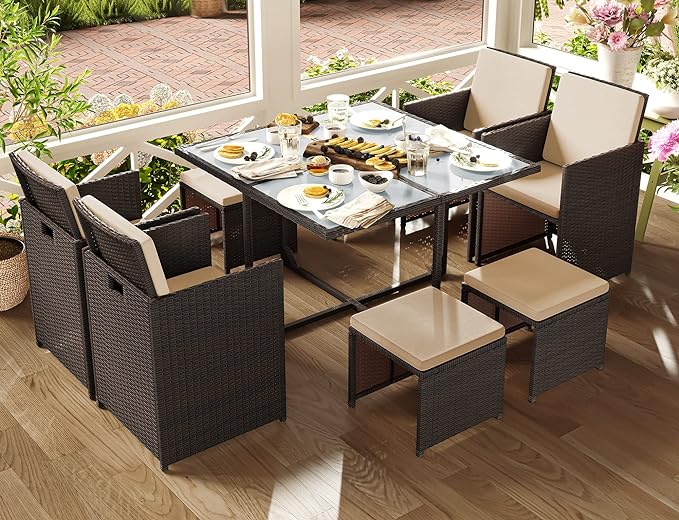Komplettes Gartenmöbel-Set – Polyrattan-Stühle + Tisch – Terrassenset mit Kissen