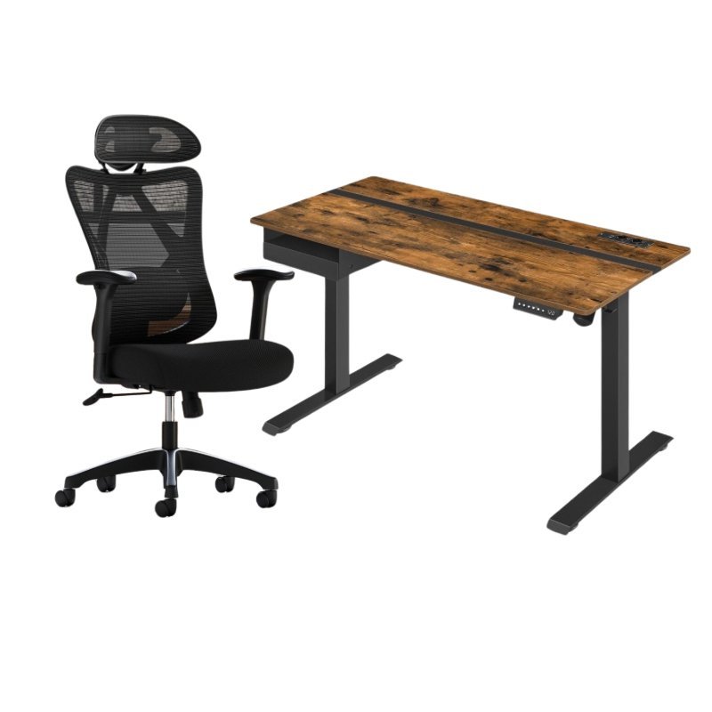 Kompletter Arbeitsplatz – Elektrischer Stehschreibtisch + ergonomischer Bürostuhl – mit Memory-Funktion – Steckdose – verstellbare Rücken- und Armlehnen