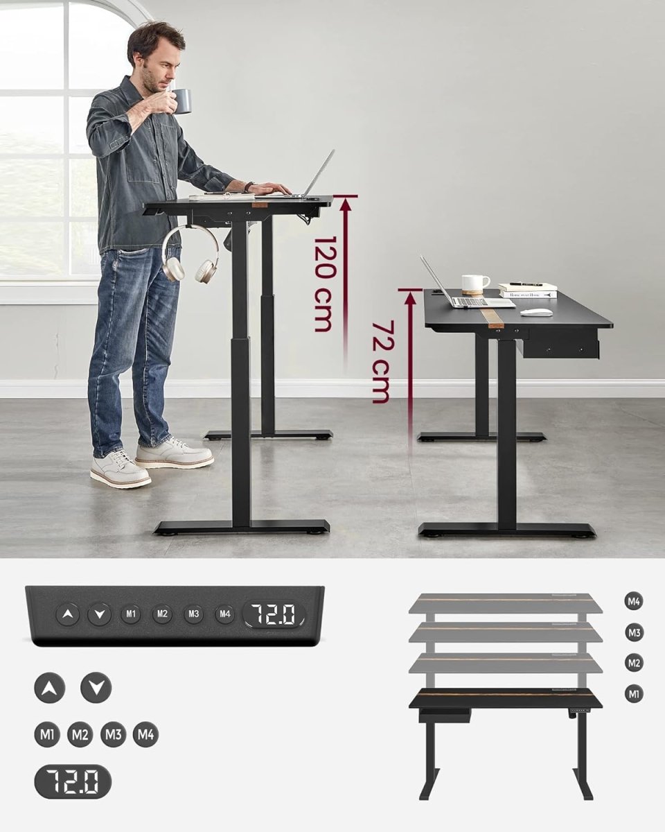 Kompletter Arbeitsplatz – Elektrischer Stehschreibtisch + ergonomischer Bürostuhl – mit Memory-Funktion – Steckdose – verstellbare Rücken- und Armlehnen