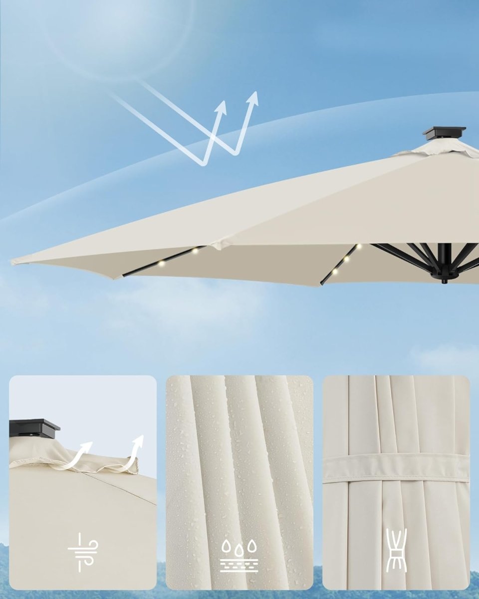 Freiarm-Sonnenschirm 300 cm mit LED-Solarbeleuchtung – 360° drehbar – stufenlos verstellbarer Neigungswinkel – UPF 50+ – mit Kurbel und Kreuzfuß