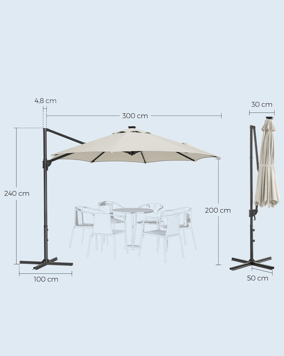 Freiarm-Sonnenschirm 300 cm mit LED-Solarbeleuchtung – 360° drehbar – stufenlos verstellbarer Neigungswinkel – UPF 50+ – mit Kurbel und Kreuzfuß
