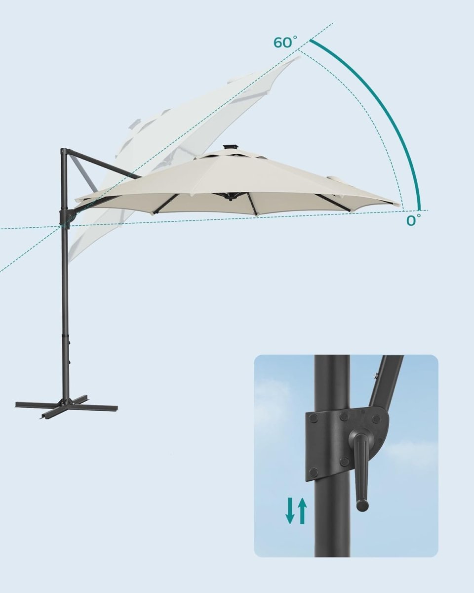 Freiarm-Sonnenschirm 300 cm mit LED-Solarbeleuchtung – 360° drehbar – stufenlos verstellbarer Neigungswinkel – UPF 50+ – mit Kurbel und Kreuzfuß