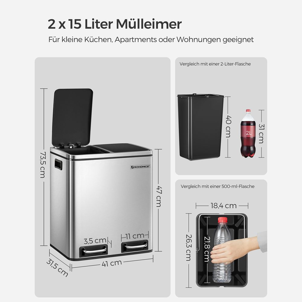 Doppel-Treteimer mit Fußpedalen - Abfalleimer 30L