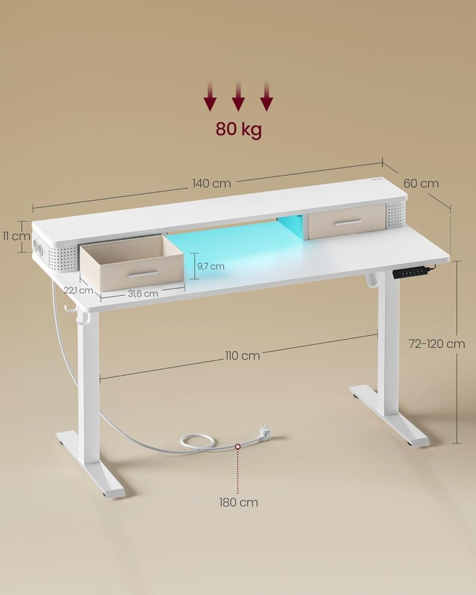 Elektrischer Stehtisch mit LED - Gaming-Schreibtisch - Mit Steckdose & USB-Anschluss