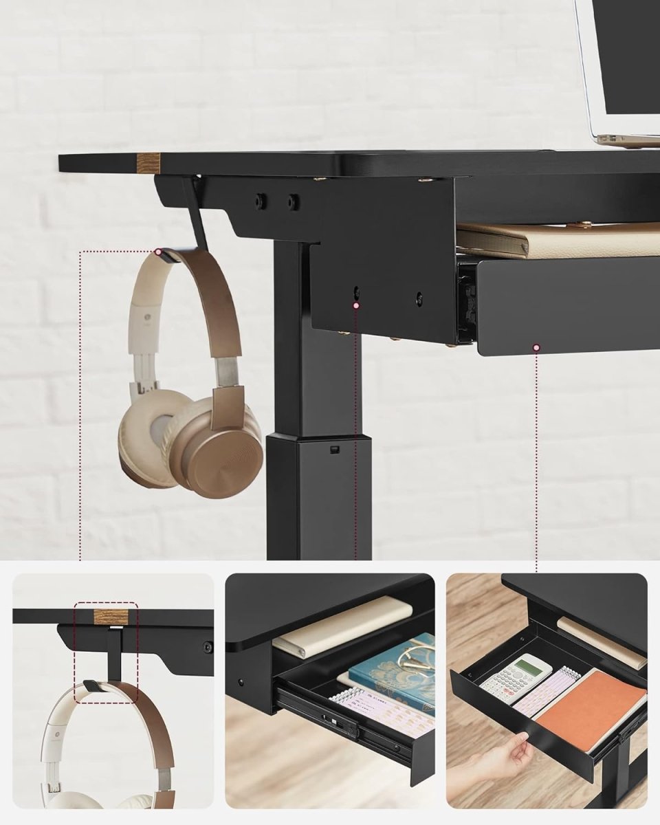 Elektrischer Stehschreibtisch mit Steckdose - Memory-Funktion - mit Schublade und Haken - Home Office