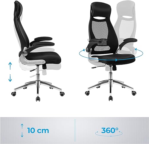 Ergonomischer Bürostuhl Schwarz – Mit Netzrückenlehne, Kopfstütze & klappbaren Armlehnen – Bis 150 kg belastbar
