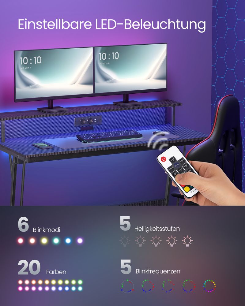 Gaming Schreibtisch mit LED - Gaming Tisch mit Steckdose und USB-Anschluss