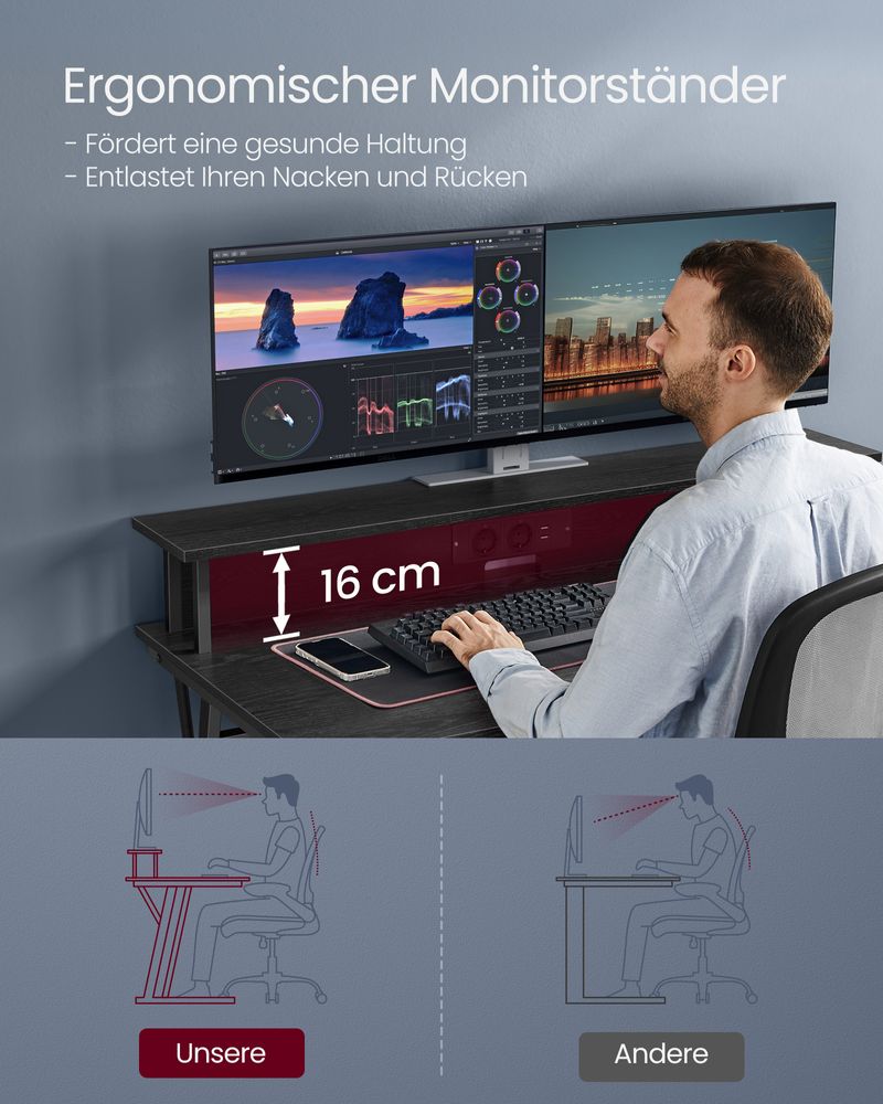 Gaming Schreibtisch mit LED - Gaming Tisch mit Steckdose und USB-Anschluss