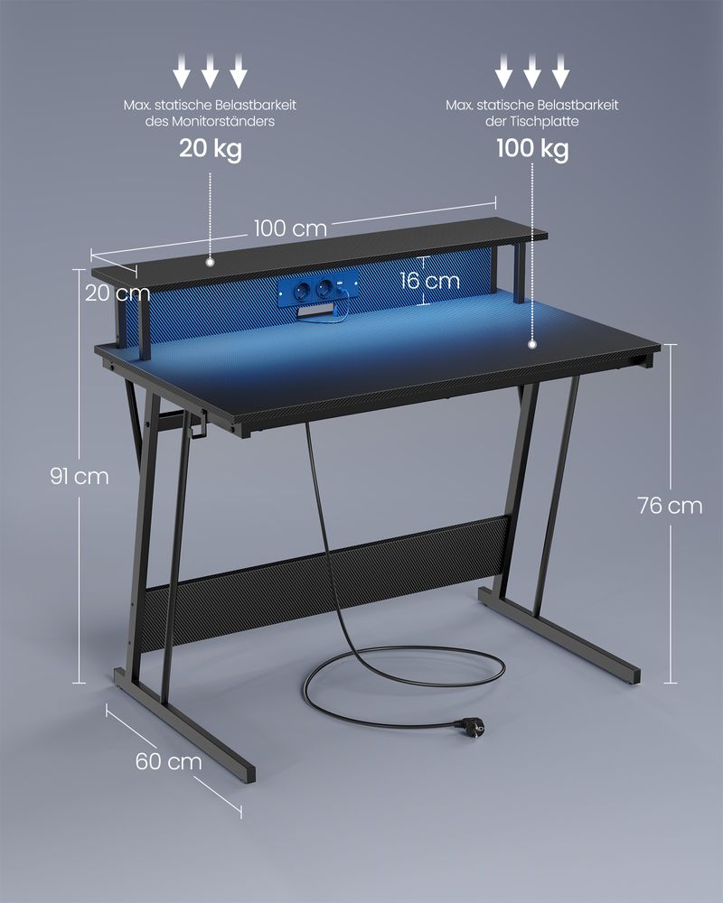 Gaming Schreibtisch mit LED - Gaming Tisch mit Steckdose und USB-Anschluss