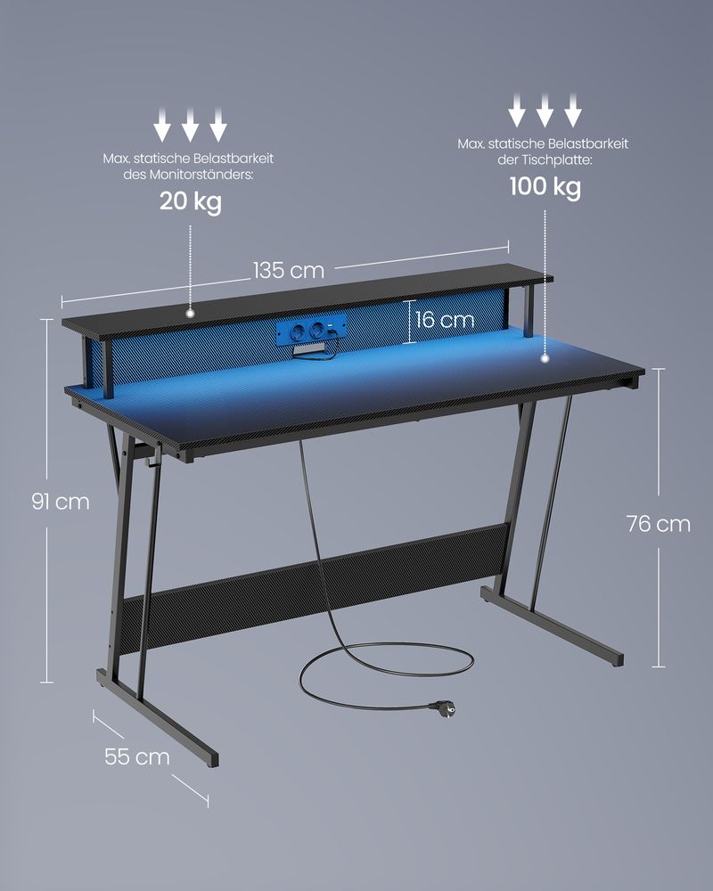Gaming Schreibtisch mit LED - Gaming Tisch mit Steckdose und USB-Anschluss