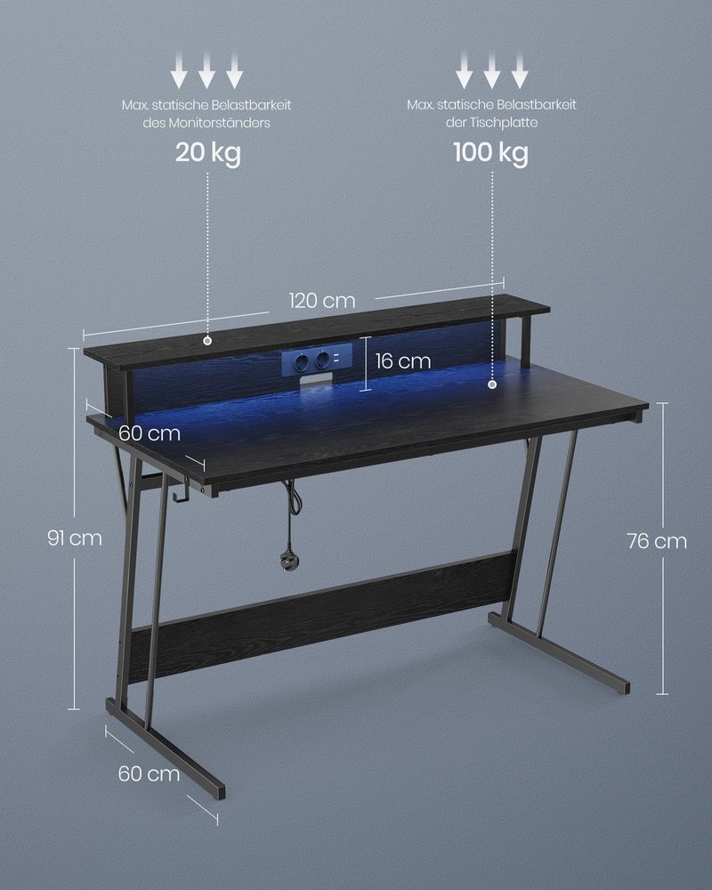 Gaming Schreibtisch mit LED - Gaming Tisch mit Steckdose und USB-Anschluss