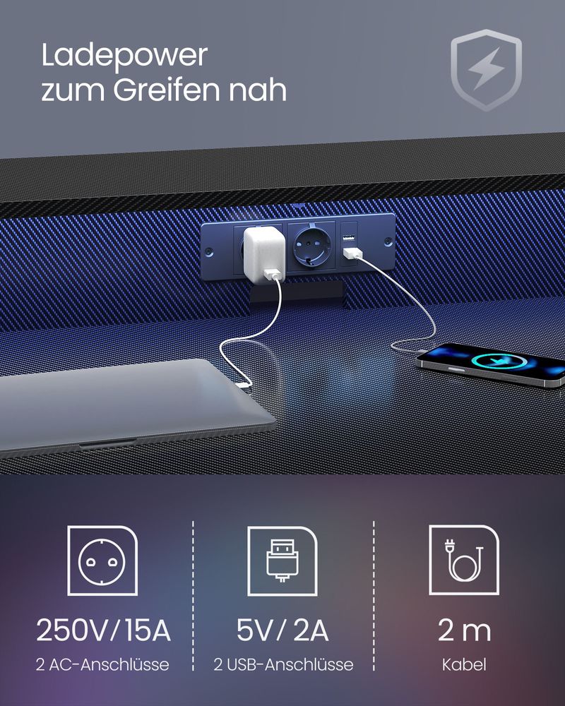 Gaming Schreibtisch mit LED - Gaming Tisch mit Steckdose und USB-Anschluss