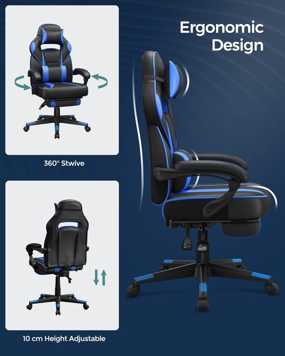 Gaming-Stuhl – Ergonomischer Gaming-Stuhl – Verstellbarer Bürostuhl – Kopfstütze und Fußstütze