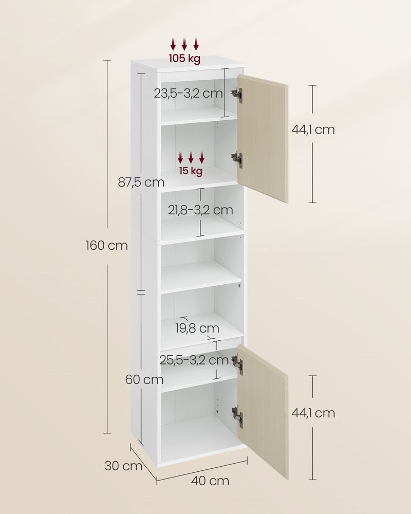 Hängender Badezimmerschrank – Weiß & Naturbeige – 30 x 40 x 160 cm