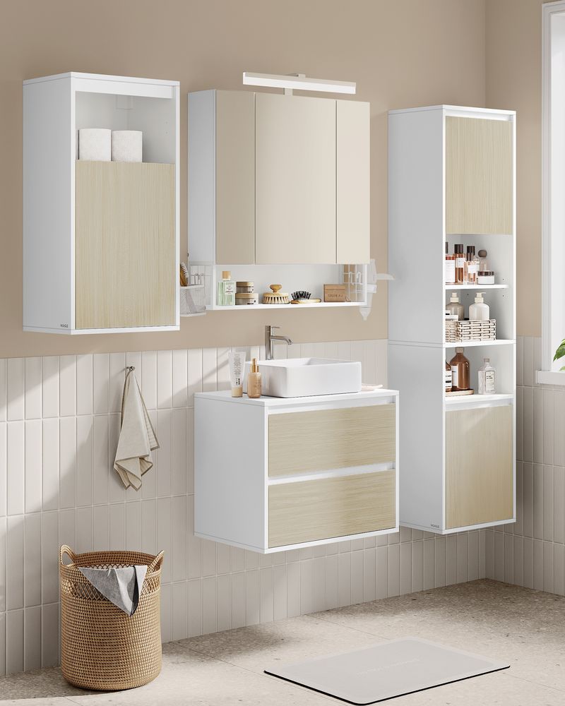 Hängender Badezimmerschrank – Weiß & Naturbeige – 30 x 40 x 160 cm