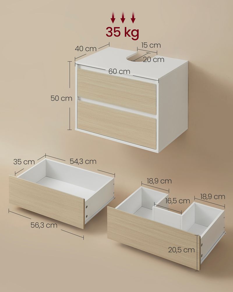 Wandmontierter Waschbeckenschrank - Badezimmerschrank mit 2 Schubladen - Platzsparend