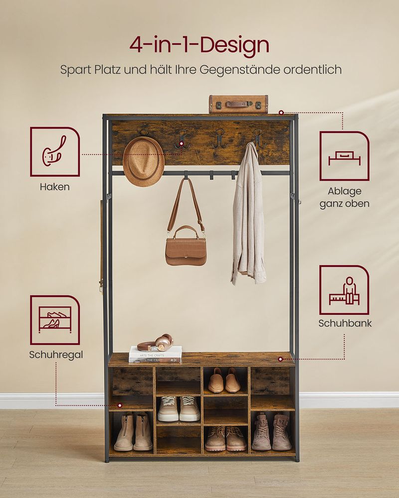 Industrielle Garderobe mit Bank und Schuhregal – 4-in-1-Design