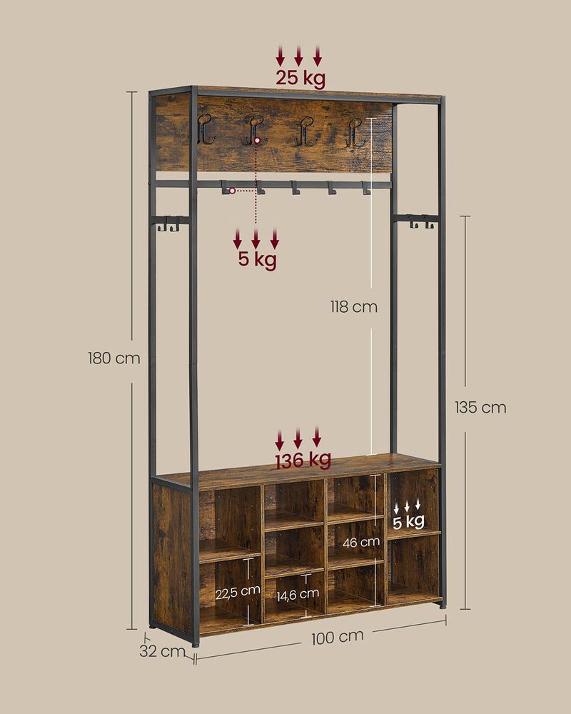 Industrielle Garderobe mit Bank und Schuhregal – 4-in-1-Design