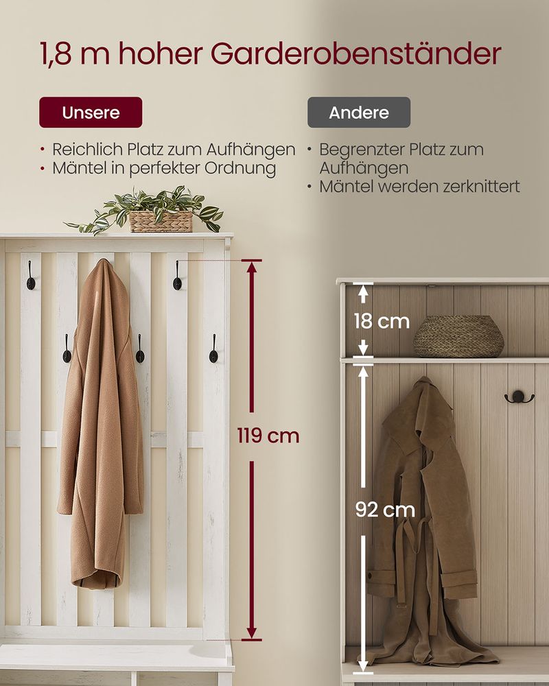 Garderobe mit Schuhregal und Sitzbank - 7 Doppelhaken und verstellbare Ablageflächen