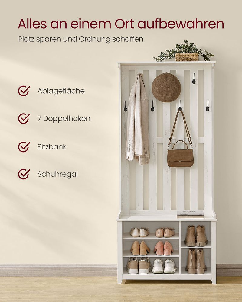 Garderobe mit Schuhregal und Sitzbank - 7 Doppelhaken und verstellbare Ablageflächen