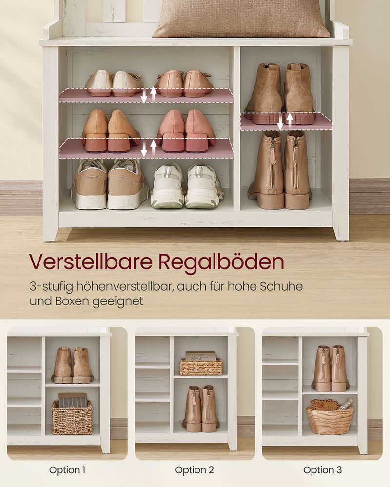Garderobe mit Schuhregal und Sitzbank - 7 Doppelhaken und verstellbare Ablageflächen