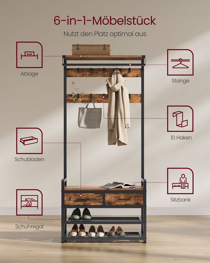 Garderobe mit Schuhregal, Schubladen und Kleiderstange – 6-in-1 Flurmöbel