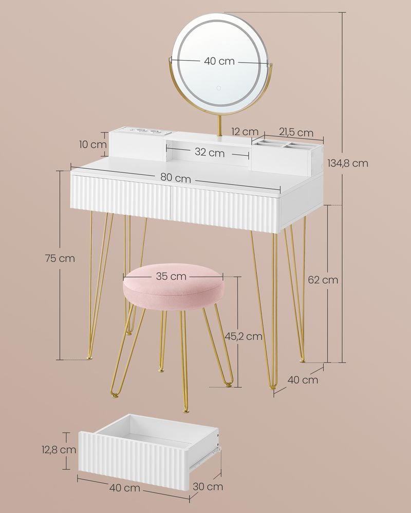 Frisiertisch mit Hocker – LED-beleuchteter Spiegel – Luxus-Schminktisch