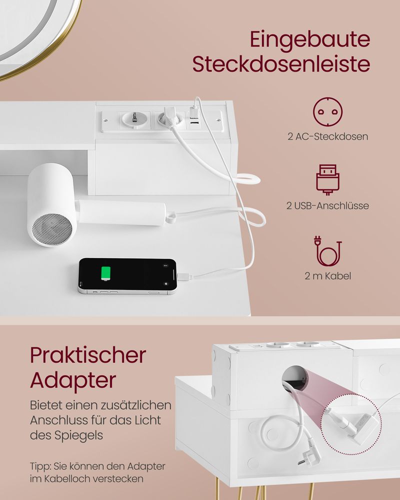 Frisiertisch mit Hocker – LED-beleuchteter Spiegel – Luxus-Schminktisch