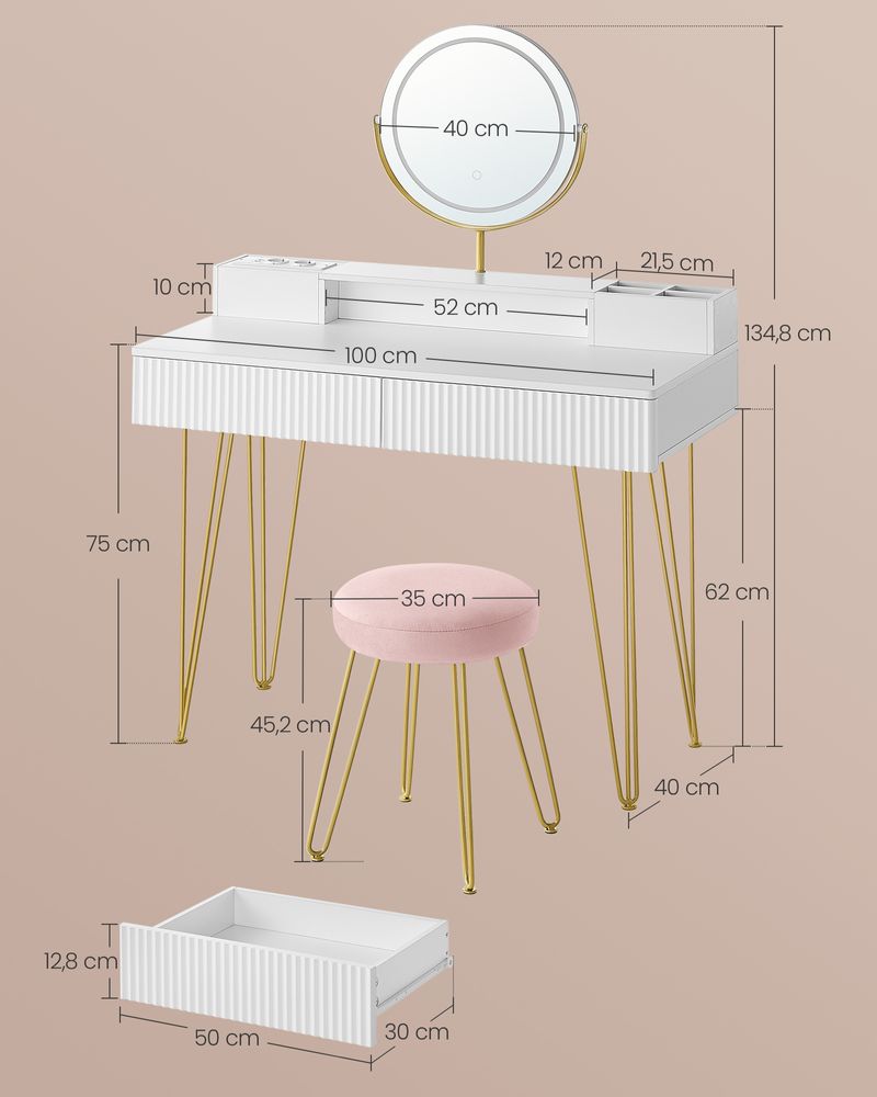 Frisiertisch mit Hocker – LED-beleuchteter Spiegel – Luxus-Schminktisch