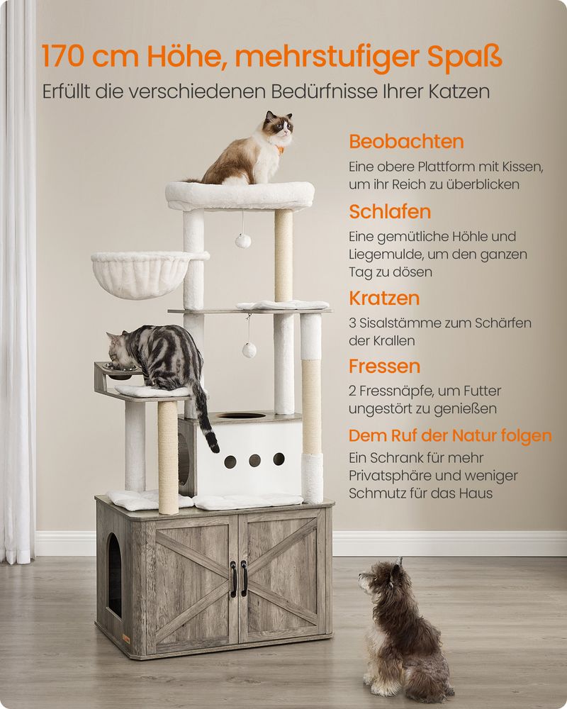 Katzenkratzbaum 170 cm – Großer Kratzbaum mit Katzenhaus – Erhöhte Futternäpfe & Stauraum
